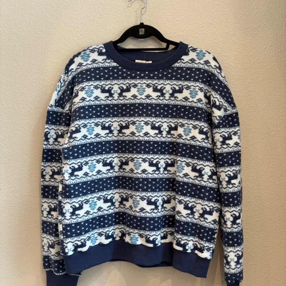 New Easel Sweatshirt Pullover Sweater Reindeer Upside Down Small Boho NWT - Picture 1 of 5